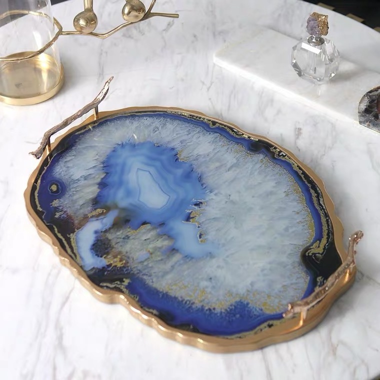 TOP1 Amazing and Luxury Gold Luxury Trays High Quality Blue Agate Glass UV Print Decorative Serving Tray Custom