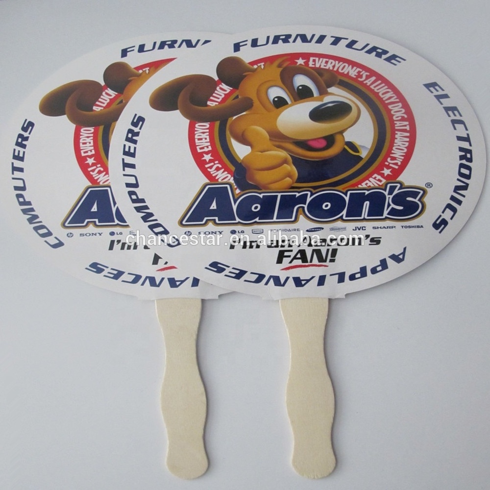 Custom Promotional Paper Hand Held Fan with Wooden Handle Stick