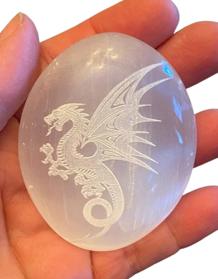 Selenite Palm Stone Laser Engraved with Dragon carving  healing gemstone Pebble palm Carved quartz agate crystal palm stones