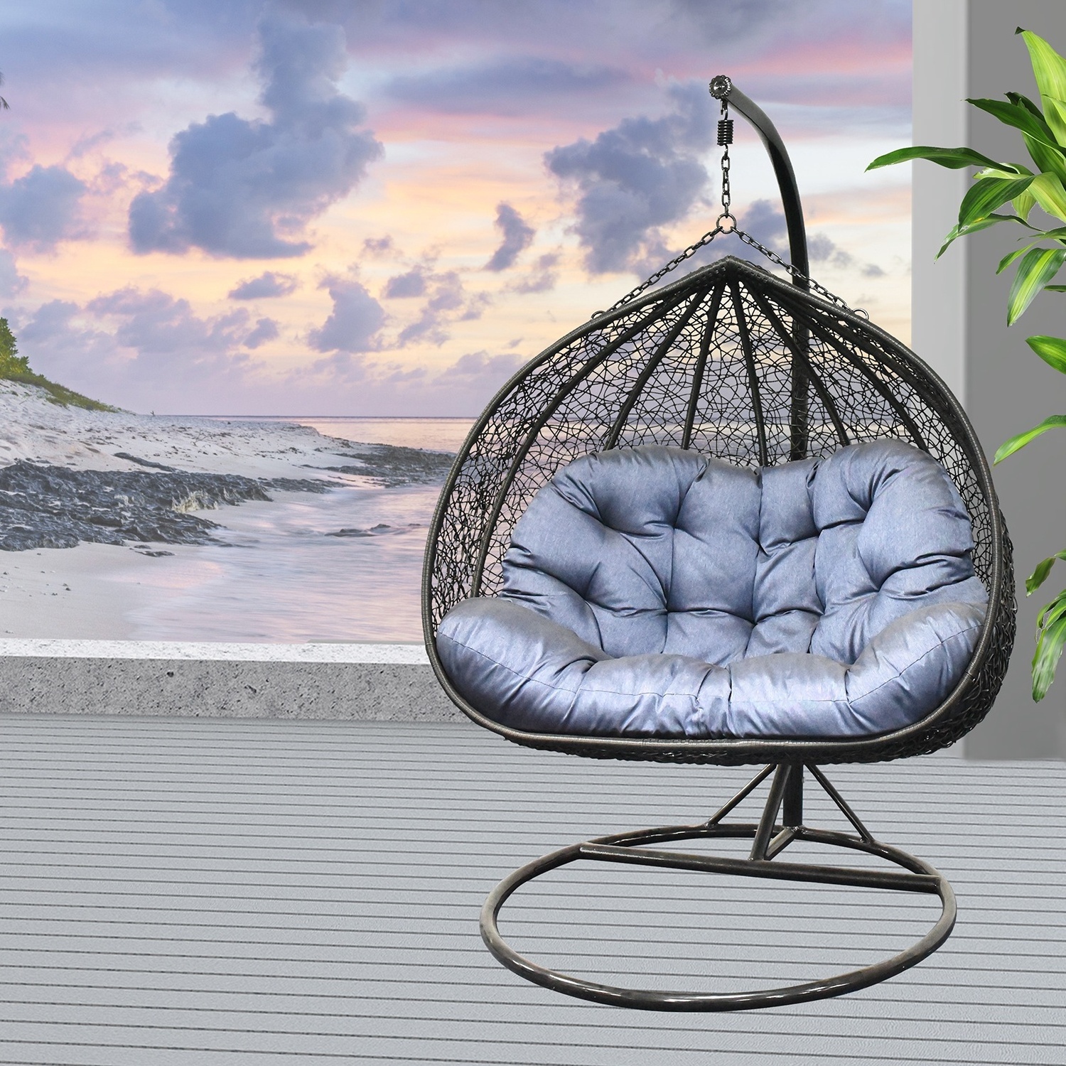 Hot Sell Outdoor Patio Hanging Rattan Baby Swing Chair Double Seat Cheap Egg Swing Egg Chair With Stand