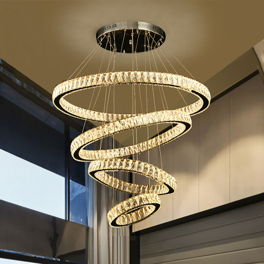 Modern home staircase high ceiling luxury Crystal ring chandeliers pendant lights