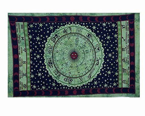 Horoscope Tapestry,Zodiac Astrology Green Wall Hanging Hippie Indian Bedspread Mandala Handicrunch Black Zodiac Horoscope Decor