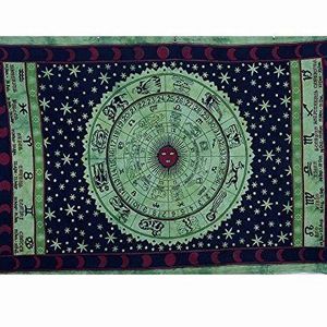 Horoscope Tapestry,Zodiac Astrology Green Wall Hanging Hippie Indian Bedspread Mandala Handicrunch Black Zodiac Horoscope Decor