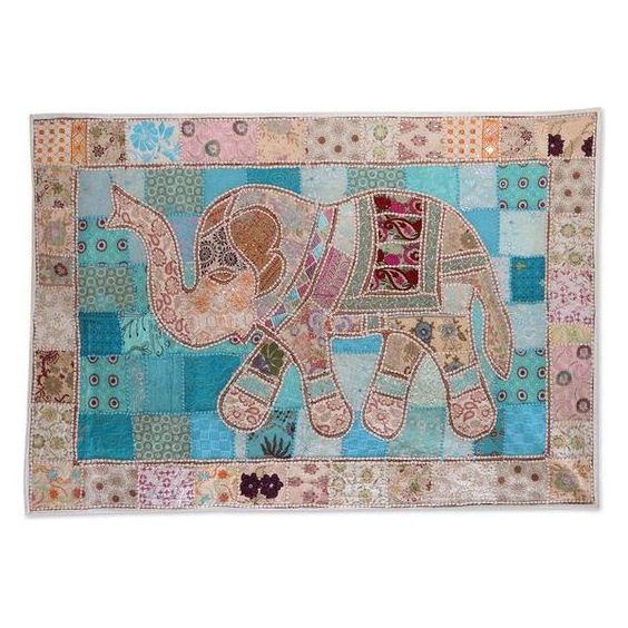 Elephant Embroidered Patch Sequins Patchwork table runner Indian Hand Wall Hanging Tapestries Tapestry Decorative Ethnic art