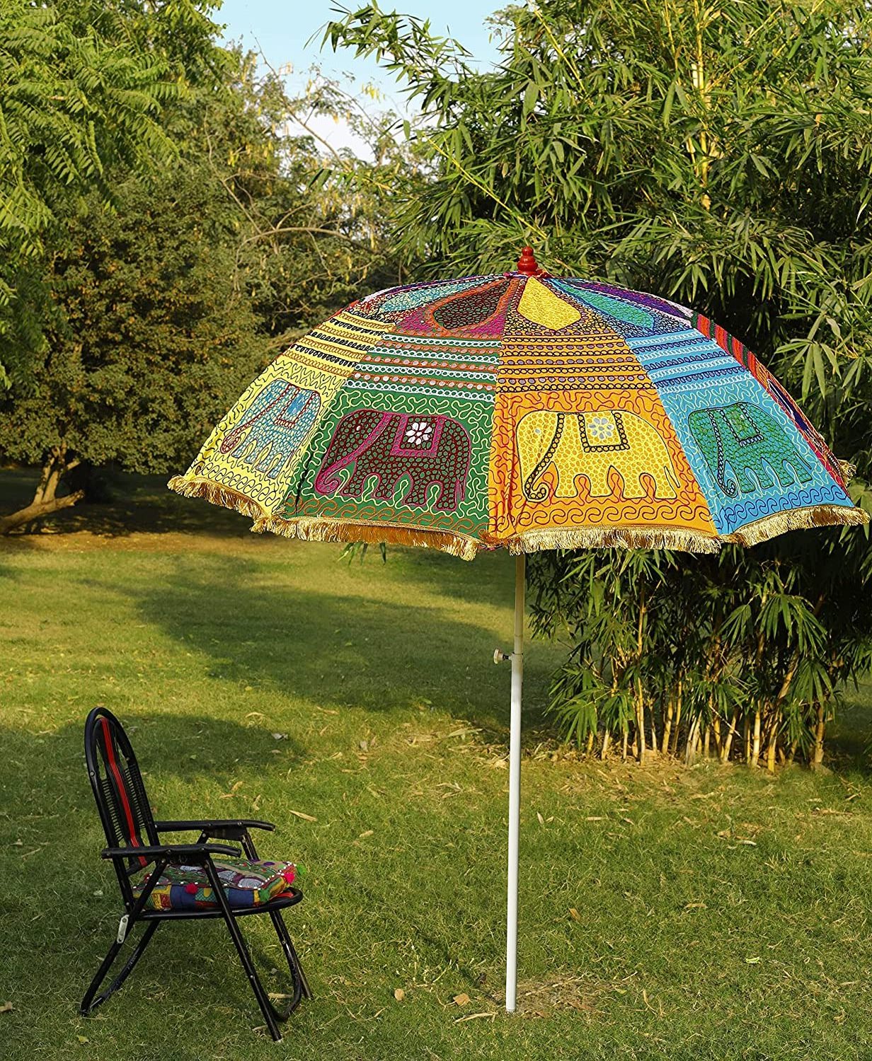 Indian Embroidered Outdoor Large Garden Umbrella Garden Umbrella Sun Parasol Cotton Garden Umbrella with Stand Parasol Home Roof