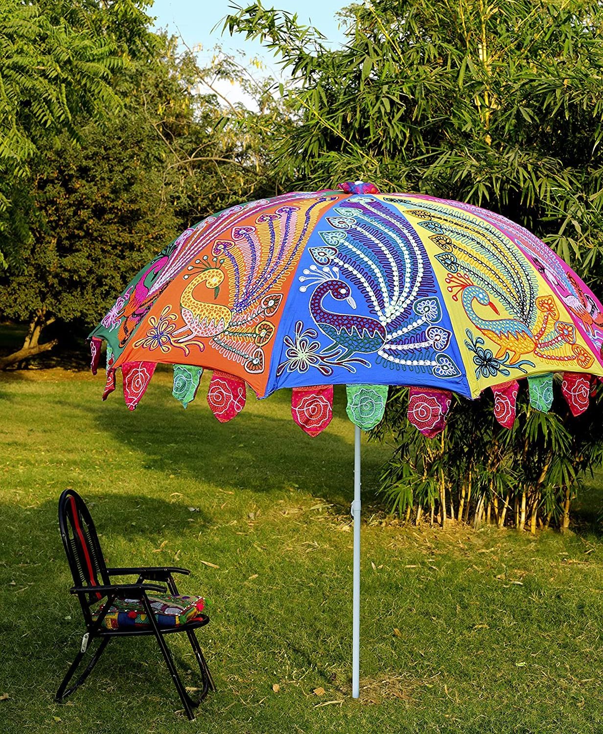 Indian Embroidered Outdoor Large Garden Umbrella Garden Umbrella Sun Parasol Cotton Garden Umbrella with Stand Parasol Home Roof