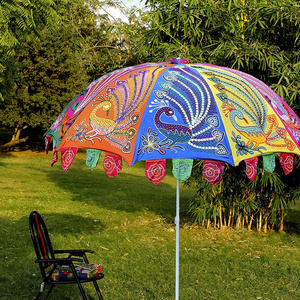 Indian Embroidered Outdoor Large Garden Umbrella Garden Umbrella Sun Parasol Cotton Garden Umbrella with Stand Parasol Home Roof