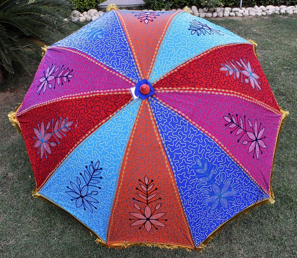 Indian Embroidered Outdoor Large Garden Umbrella Garden Umbrella Sun Parasol Cotton Garden Umbrella with Stand Parasol Home Roof