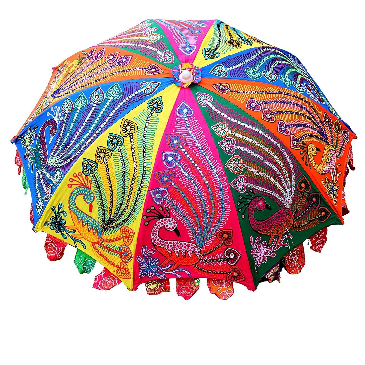 Indian Embroidered Outdoor Large Garden Umbrella Garden Umbrella Sun Parasol Cotton Garden Umbrella with Stand Parasol Home Roof