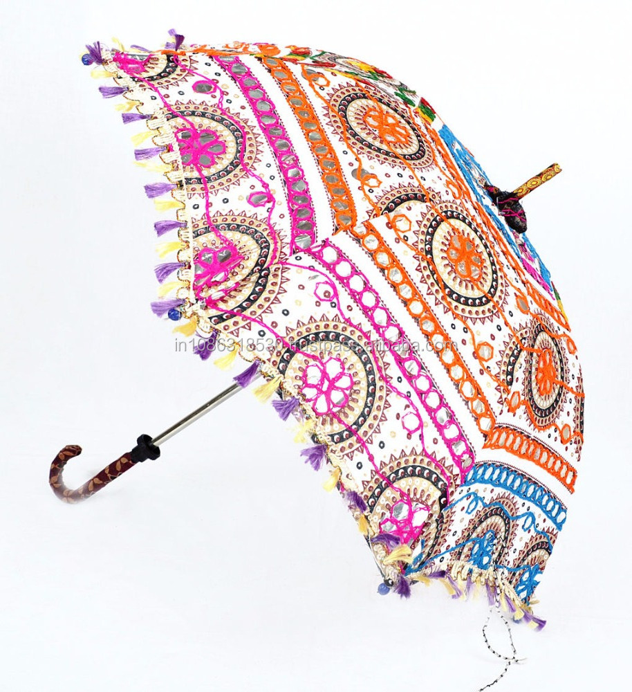 Women's Cotton Embroidered Umbrellas Maroon Ethnic Sun Protector Parasol Indian Embroidered Sun Parasol Vintage Decor Umbrella