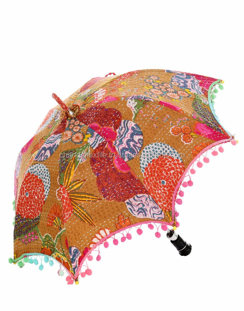 Umbrella Ethnic Handmade Protector Parasol Indian Fruit Printed Kantha Work Embroidered Sun Unisex Cotton Vintage Decor Umbrella