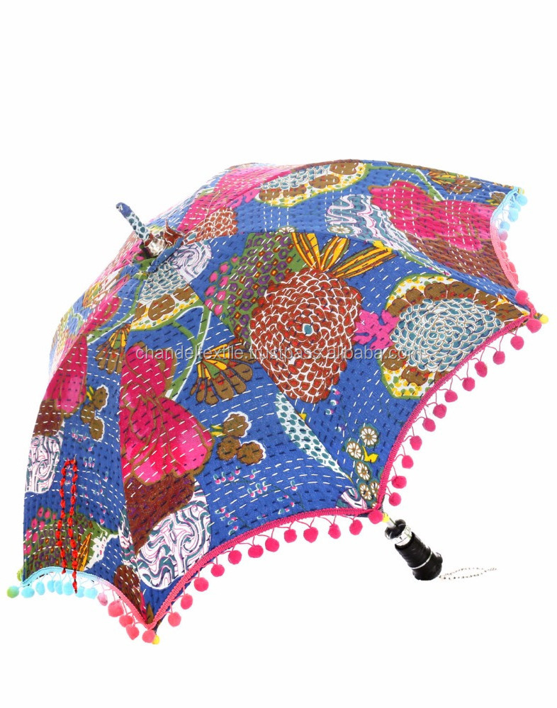 Umbrella Ethnic Handmade Protector Parasol Indian Fruit Printed Kantha Work Embroidered Sun Unisex Cotton Vintage Decor Umbrella