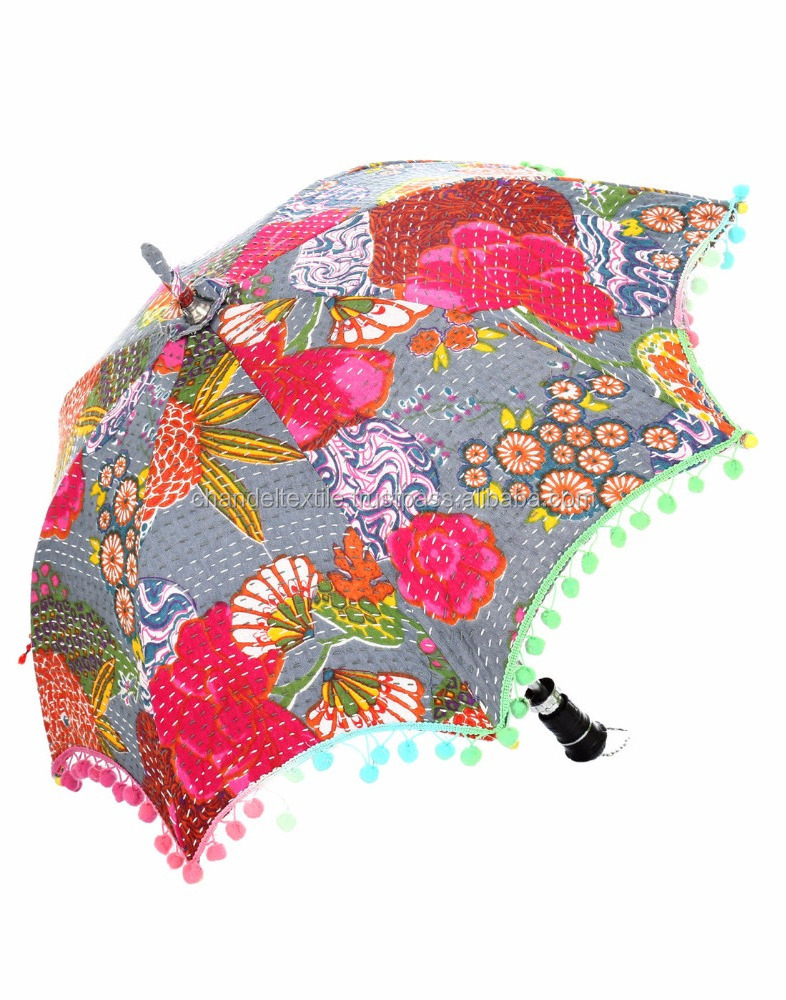 Umbrella Ethnic Handmade Protector Parasol Indian Fruit Printed Kantha Work Embroidered Sun Unisex Cotton Vintage Decor Umbrella