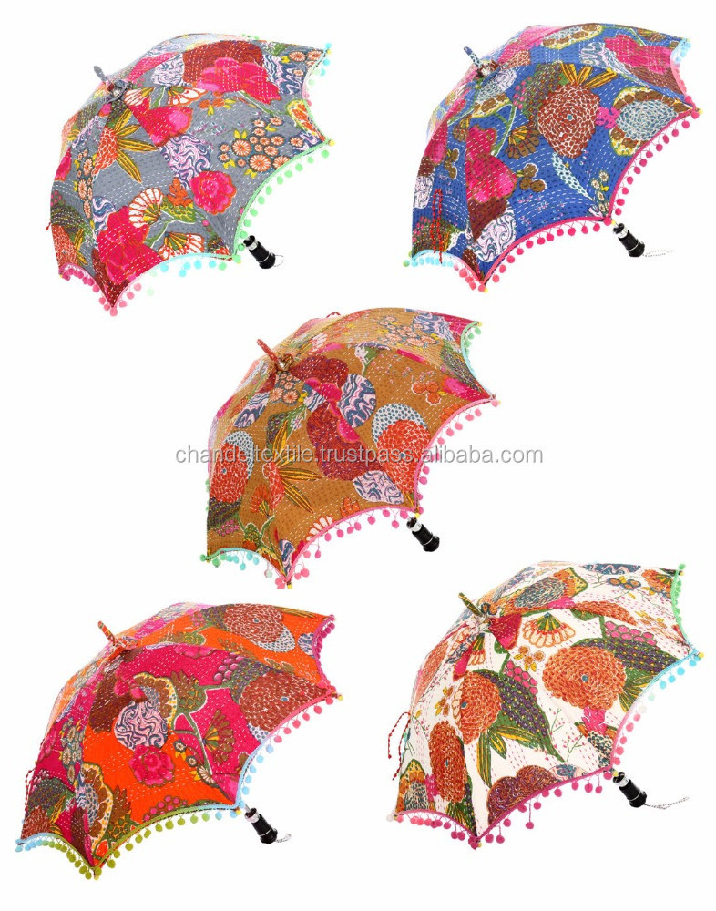 Umbrella Ethnic Handmade Protector Parasol Indian Fruit Printed Kantha Work Embroidered Sun Unisex Cotton Vintage Decor Umbrella