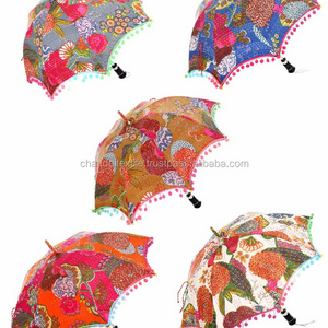 Umbrella Ethnic Handmade Protector Parasol Indian Fruit Printed Kantha Work Embroidered Sun Unisex Cotton Vintage Decor Umbrella