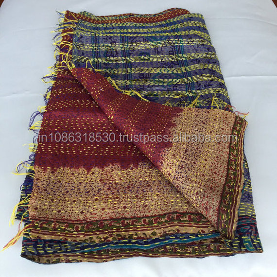 Reversible Handmade Re-cycled Silk Scarf / Stole Multicolor Multiuse Unique Handwoven Kantha Work Neck Wrap scarves