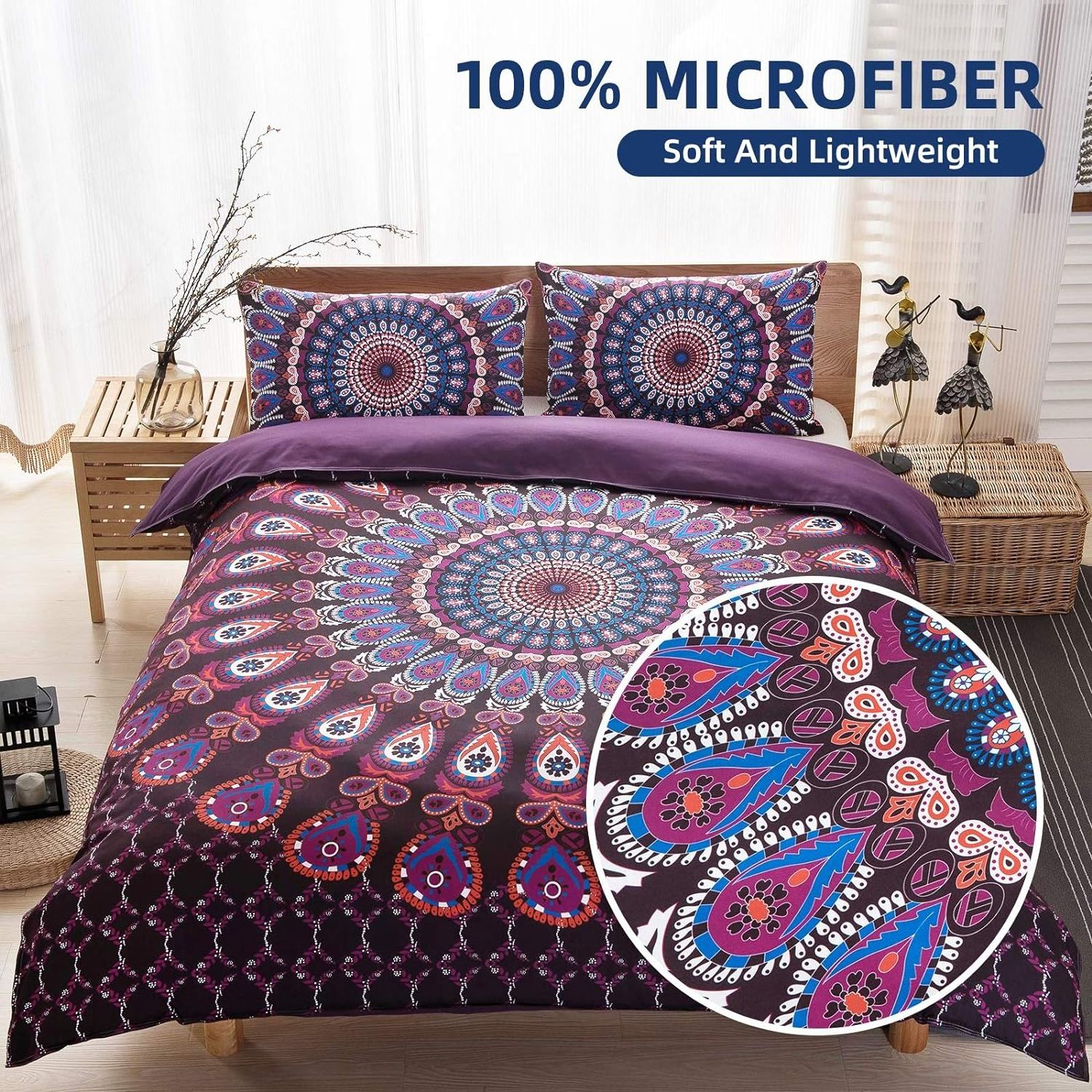 2 Pcs Boho Chic Hippie Duvet Cover Doona matching  Purple Mandala Bedding Cover Set 3D Bohemian Circle Comforter Cover Duvet set