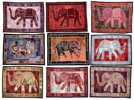 Elephant Embroidered Patch Sequins Patchwork table runner Indian Hand Wall Hanging Tapestries Tapestry Decorative Ethnic art