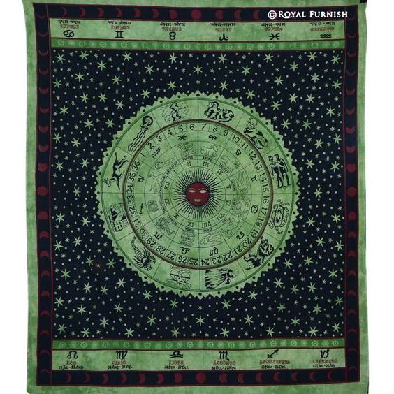 Horoscope Tapestry,Zodiac Astrology Green Wall Hanging Hippie Indian Bedspread Mandala Handicrunch Black Zodiac Horoscope Decor