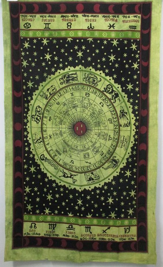 Horoscope Tapestry,Zodiac Astrology Green Wall Hanging Hippie Indian Bedspread Mandala Handicrunch Black Zodiac Horoscope Decor