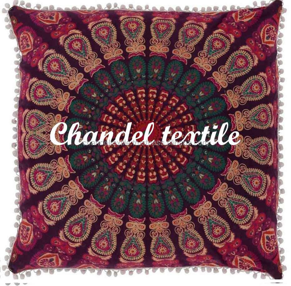 Large Square Cotton pom pom Shams Mandala Pillow cases Indian Bohemian Meditation Cushion Cover throw Home 26'' Decor art pillow