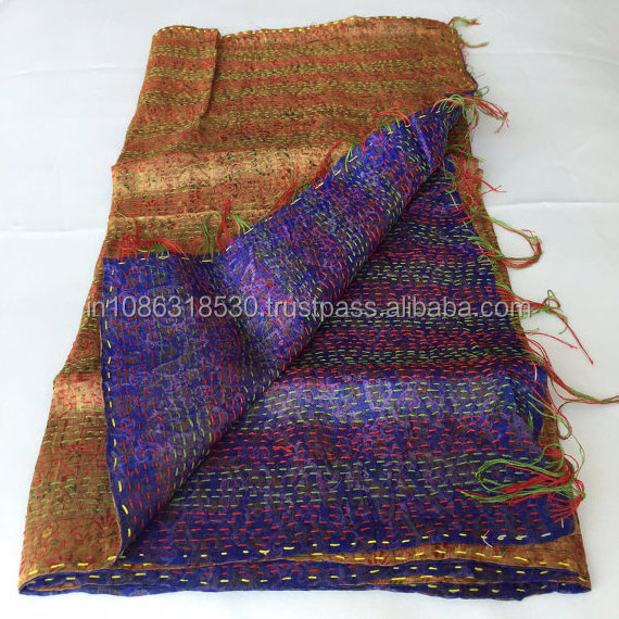 Reversible Handmade Re-cycled Silk Scarf / Stole Multicolor Multiuse Unique Handwoven Kantha Work Neck Wrap scarves