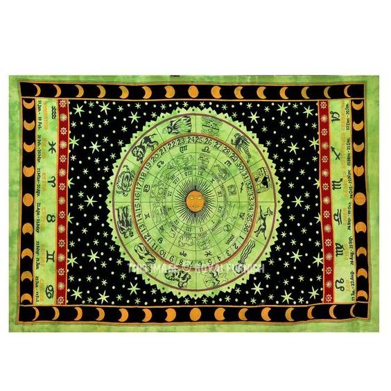 Horoscope Tapestry,Zodiac Astrology Green Wall Hanging Hippie Indian Bedspread Mandala Handicrunch Black Zodiac Horoscope Decor