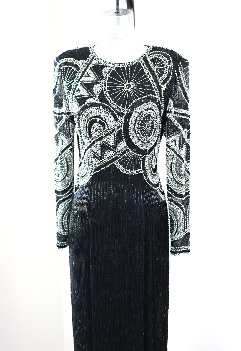 Embellished Formal Black white beaded gown// BLACK TIE //Art Deco Dress