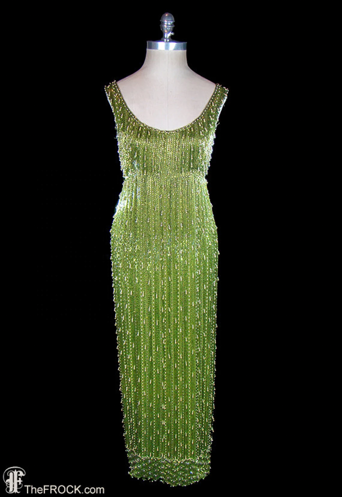 Heavily beaded gown, 1950s 1960s pearl glass beaded tank dress, Samuel Winston, couture red carpet gown, solidly beaded, green