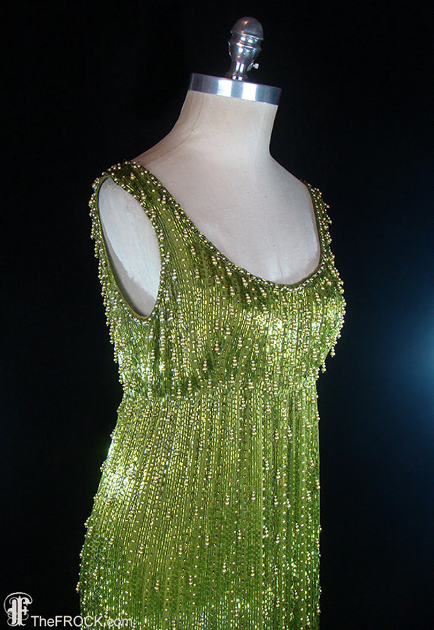 Heavily beaded gown, 1950s 1960s pearl glass beaded tank dress, Samuel Winston, couture red carpet gown, solidly beaded, green