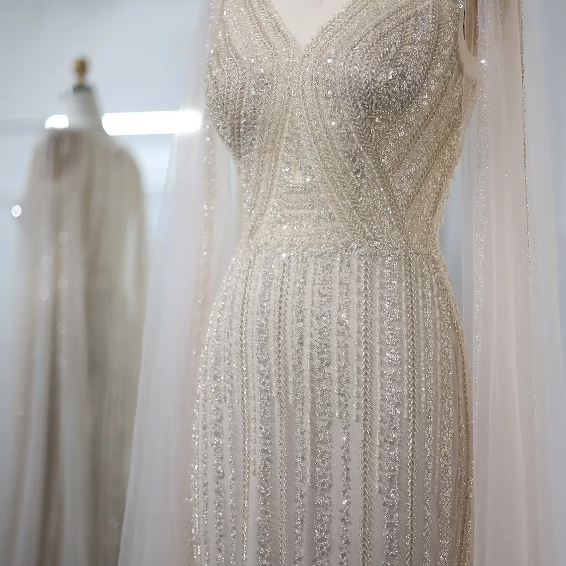 Ivory & Champagne Wedding Dress with Sparkling Hand Beaded Crystals and Long Veil Cape, Warm Ivory Bridal Gown