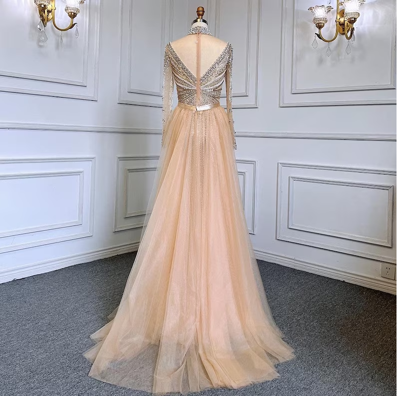 Champagne Gold Long Sleeve Gatsby Mermaid Wedding Dress Muslim Evening Dresses Luxury Tassel Beaded Party Gowns Vintage Formal P