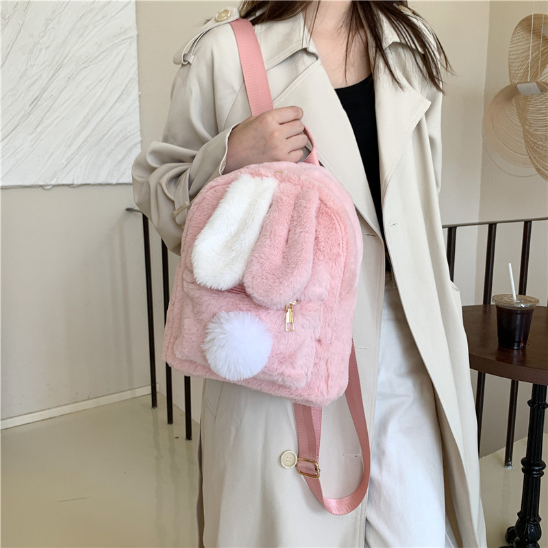 Furry Plush Bunny School Bag Bunny Backpack Pink Cartoon Zipper Plush Backpack with Bunny Ear