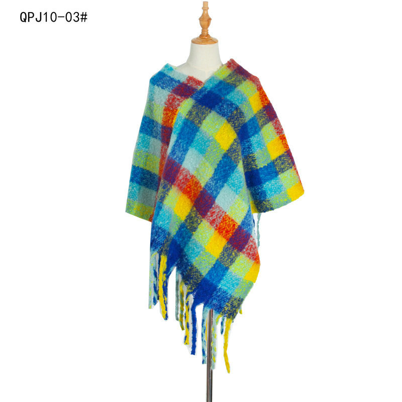 New Autumn Winter Warm Blanket Cape Poncho Large Color Block Scarf Shawl Pullover Sweater Tassel Plaid Poncho Shawl Poncho