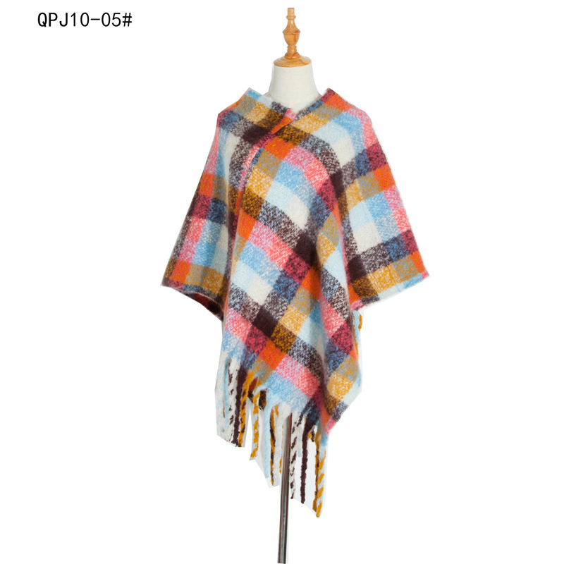 New Autumn Winter Warm Blanket Cape Poncho Large Color Block Scarf Shawl Pullover Sweater Tassel Plaid Poncho Shawl Poncho