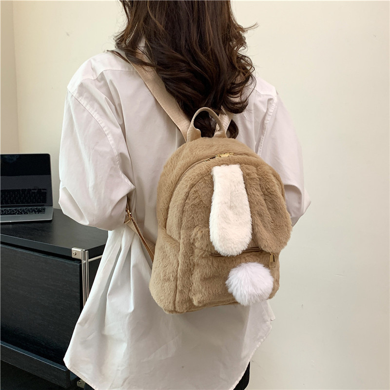 Furry Plush Bunny School Bag Bunny Backpack Pink Cartoon Zipper Plush Backpack with Bunny Ear