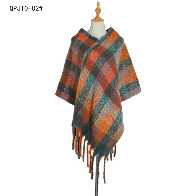 New Autumn Winter Warm Blanket Cape Poncho Large Color Block Scarf Shawl Pullover Sweater Tassel Plaid Poncho Shawl Poncho