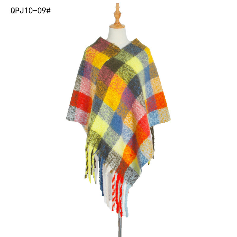 New Autumn Winter Warm Blanket Cape Poncho Large Color Block Scarf Shawl Pullover Sweater Tassel Plaid Poncho Shawl Poncho