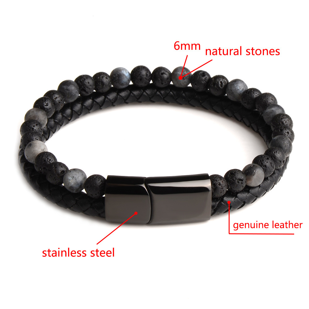 Chanfar Punk Tiger Eye Lava Men Natural Stone Bead Stainless Steel Clasp Black Genuine Leather Bracelet