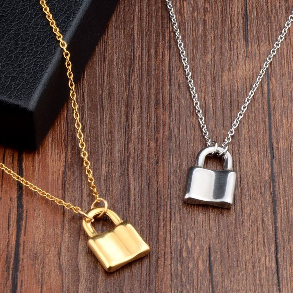 Minimalist Stainless Steel Chain 18K Gold Plated Padlock Charm Choker Pendant Necklace for Dainty Women Girl Gift