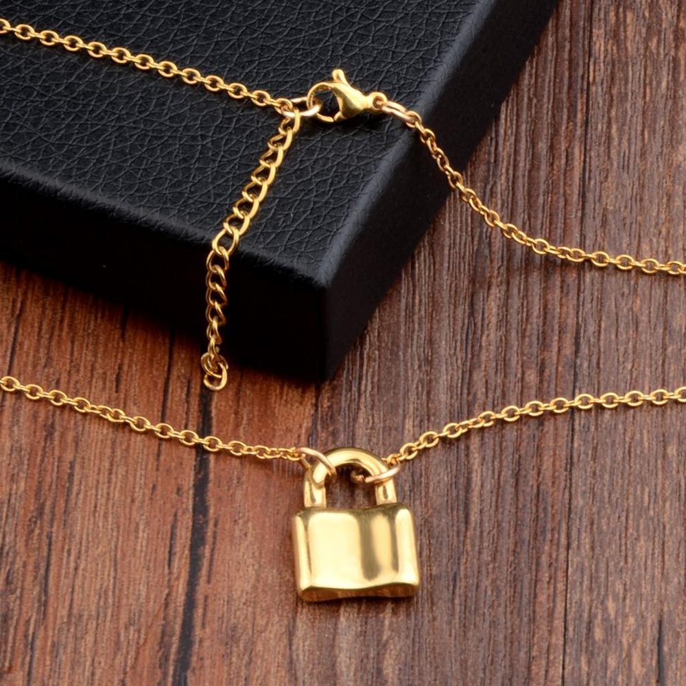 Minimalist Stainless Steel Chain 18K Gold Plated Padlock Charm Choker Pendant Necklace for Dainty Women Girl Gift