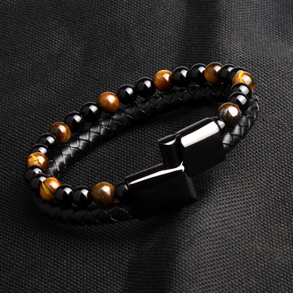 Chanfar Punk Tiger Eye Lava Men Natural Stone Bead Stainless Steel Clasp Black Genuine Leather Bracelet