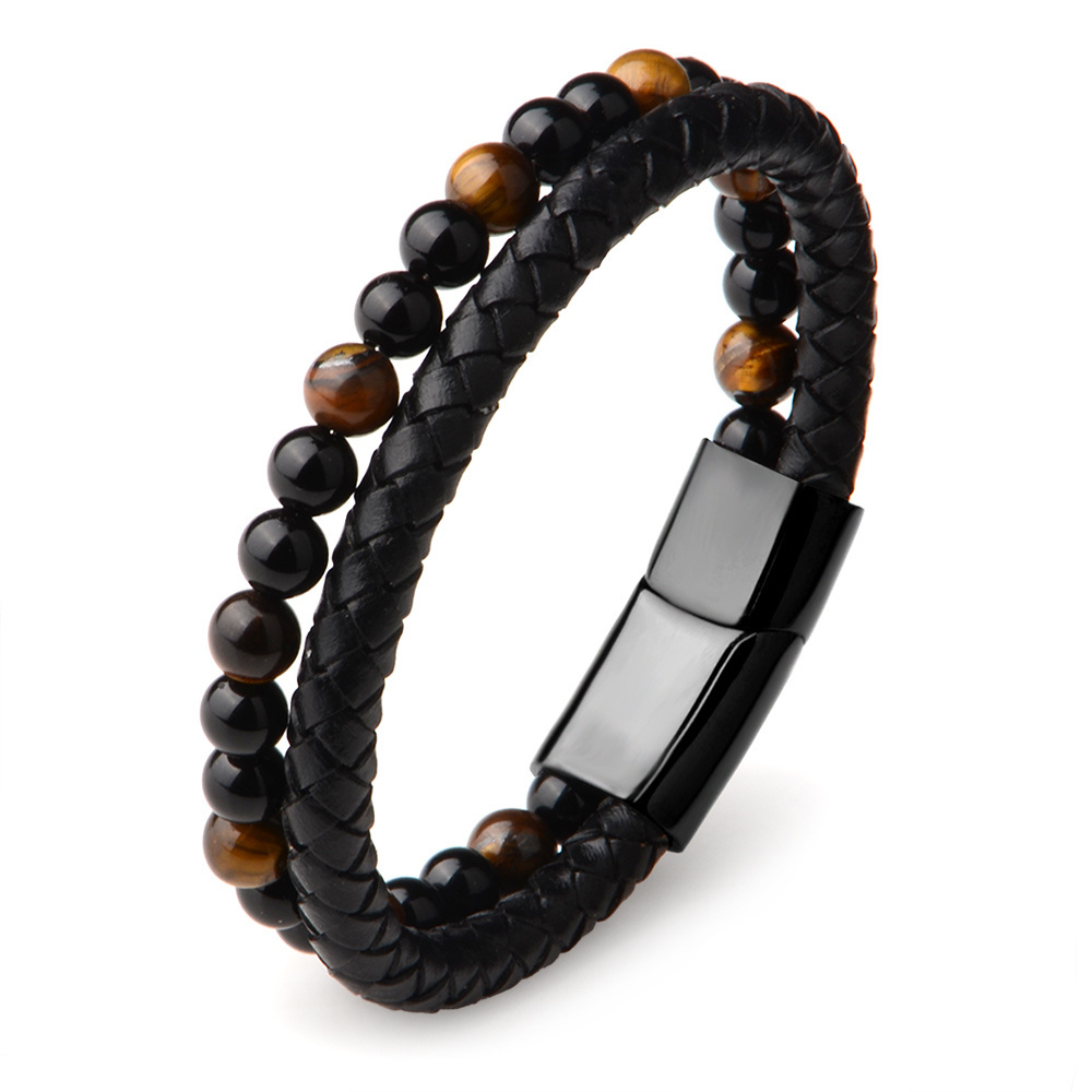 Chanfar Punk Tiger Eye Lava Men Natural Stone Bead Stainless Steel Clasp Black Genuine Leather Bracelet