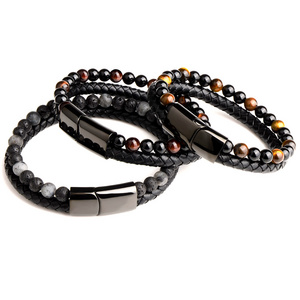 Chanfar Punk Tiger Eye Lava Men Natural Stone Bead Stainless Steel Clasp Black Genuine Leather Bracelet