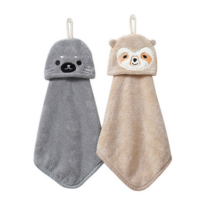 DS983 Kitchen Absorbent Dishcloths Bathroom Cute Animal Hanging Cleaning Cloth Carton Coral Velvet Hanging Hand Towels