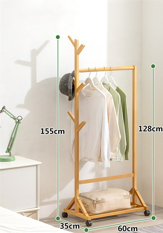 GG17 Stable Multipurpose Solid Wood Coat Rack with Roller wooden Clothes Hanger with Portable shoes Shelf