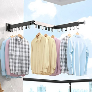 GG27 Aluminum Laundry Clothesline Stainless Steel Retractable Cloth Hook Drying Rack Folding Wall Mounted Clothes Hanger Rack