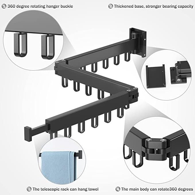 GG27 Aluminum Laundry Clothesline Stainless Steel Retractable Cloth Hook Drying Rack Folding Wall Mounted Clothes Hanger Rack