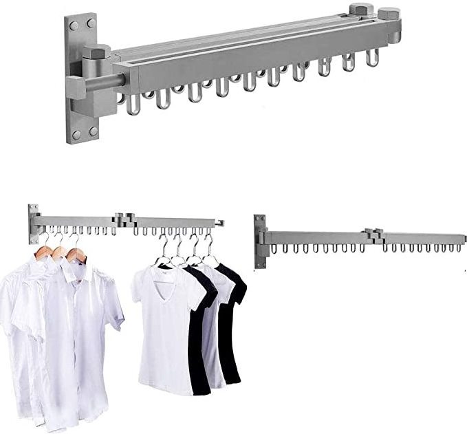 GG27 Aluminum Laundry Clothesline Stainless Steel Retractable Cloth Hook Drying Rack Folding Wall Mounted Clothes Hanger Rack