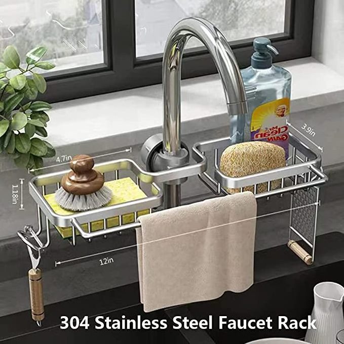 DS1273 Kitchen Space Aluminum Sink Drain Rack Sponge Storage Faucet Holder Over Faucet Soap Drainer Shelf Basket Organizer